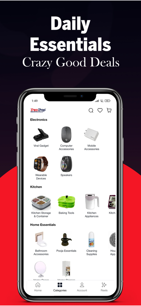 Mobile app screen showing various product categories for dropshipping including kitchenware and electronics