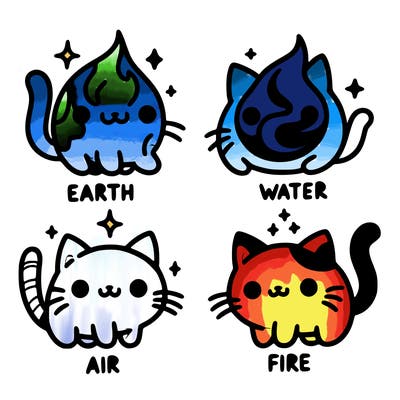 4 cats that represent the different elements, earth, water, air, and fire