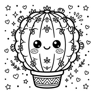 Dive into the delightful world of coloring with this charming Kawaii Pincushion Cactus. This adorable plant, complete with a sweet face and tiny details, is ready for your artistic touch.