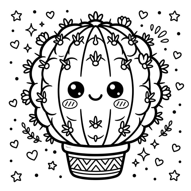 Dive into the delightful world of coloring with this charming Kawaii Pincushion Cactus. This adorable plant, complete with a sweet face and tiny details, is ready for your artistic touch.