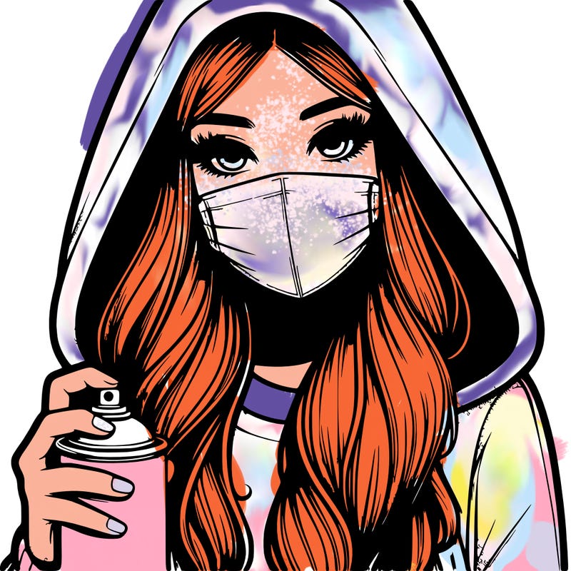 girl wearing a mask with long hair with her hood up spray-painting realistic