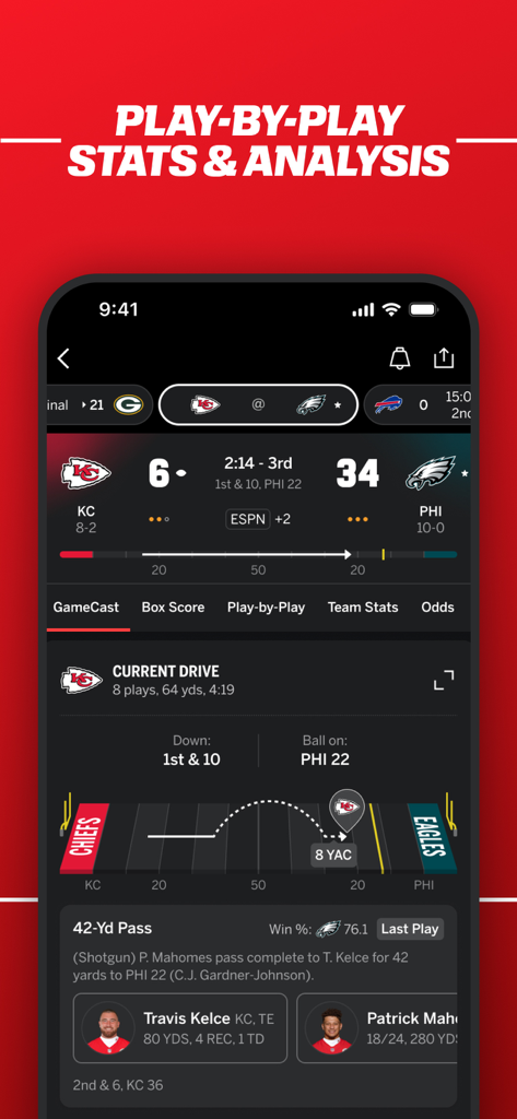 ESPN app interface showing live NFL game statistics and play by play analysis for a Chiefs versus Eagles game