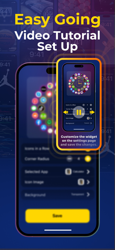 Color Widgets & Themes: Wiggle - An iPhone display showing a video tutorial for customizing a circular app icon widget layout.