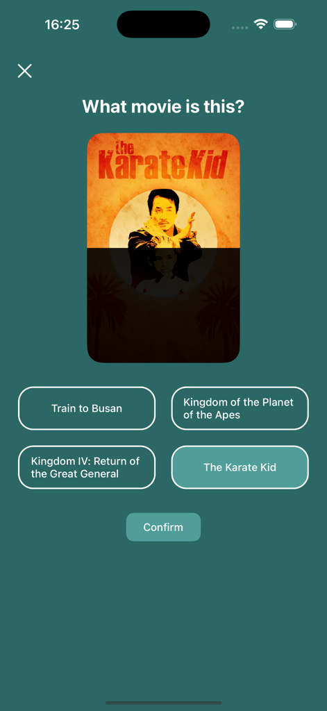 A movie trivia game screen from Poly Buzz Fan Hub app showing a Karate Kid poster with multiple choice options.