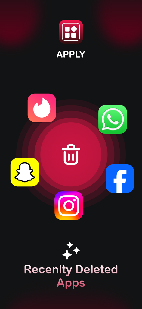 Apply: Recently Deleted Apps - Interface de l'application Apply montrant une icône de corbeille entourée d'icônes d'applications de médias sociaux comme Facebook et Instagram.