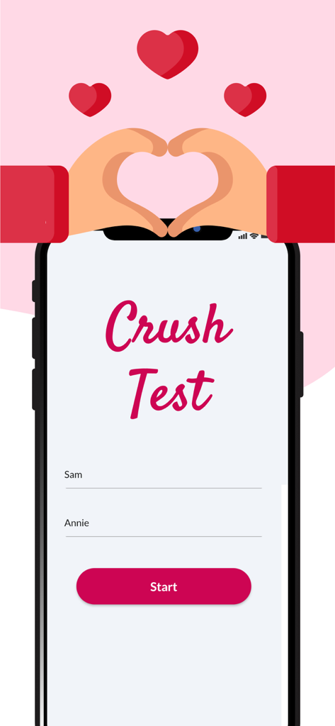 BFF Test: Best Friend Quiz - Interfaz de la app BFF Test mostrando la pantalla del Cuestionario de Enamoramiento con campos de entrada para nombres y un botón de inicio