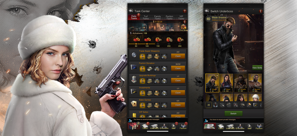 Capturas de pantalla de la aplicación The Grand Mafia mostrando el centro de tareas y las pantallas de selección de subjefes