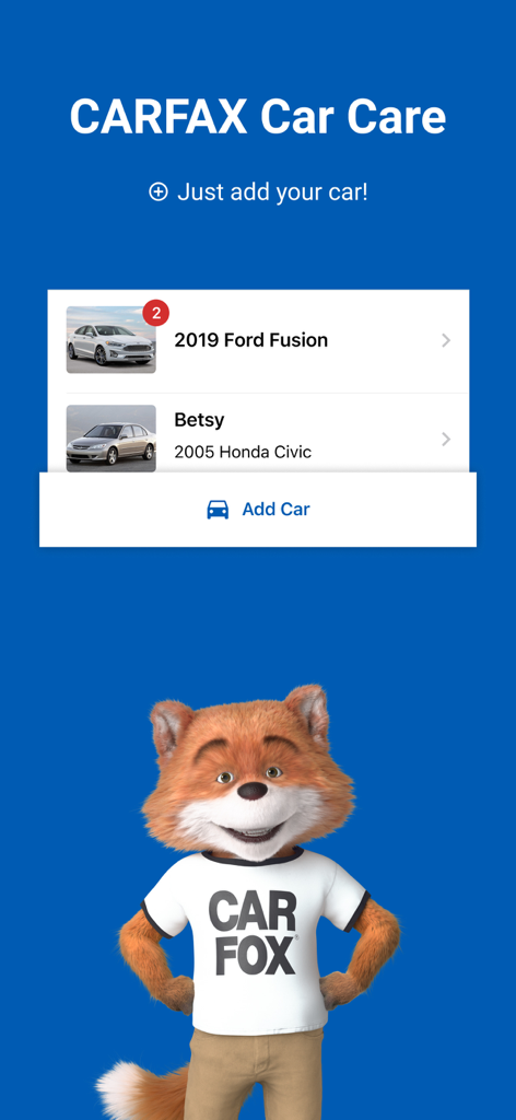 CARFAX Car Care app screen showing a list of tracked vehicles and the Car Fox mascot.