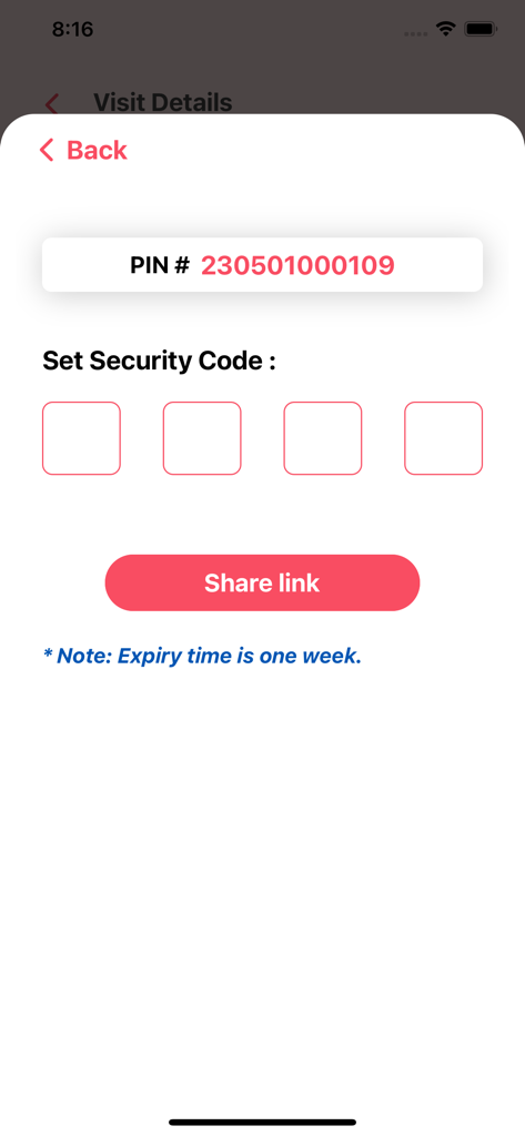 My IDC - My IDC app screen for setting a security code and PIN to securely share medical report links.