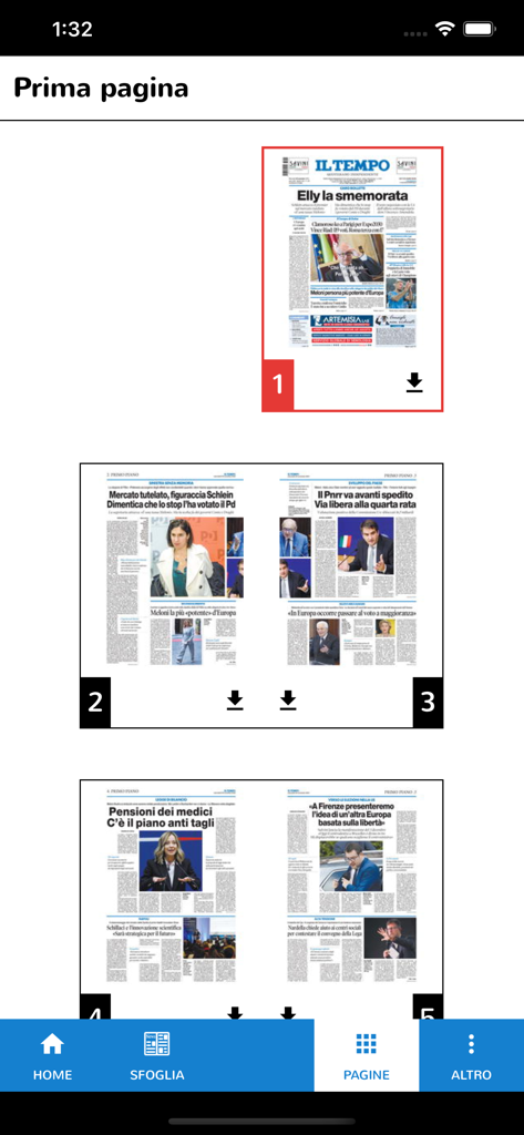 Il Tempo edizione digitale - Interfaccia dell'app Il Tempo che mostra repliche digitali delle pagine del giornale per la lettura.