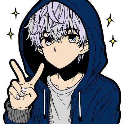 teenage manga boy in a hoodie, doing ✌