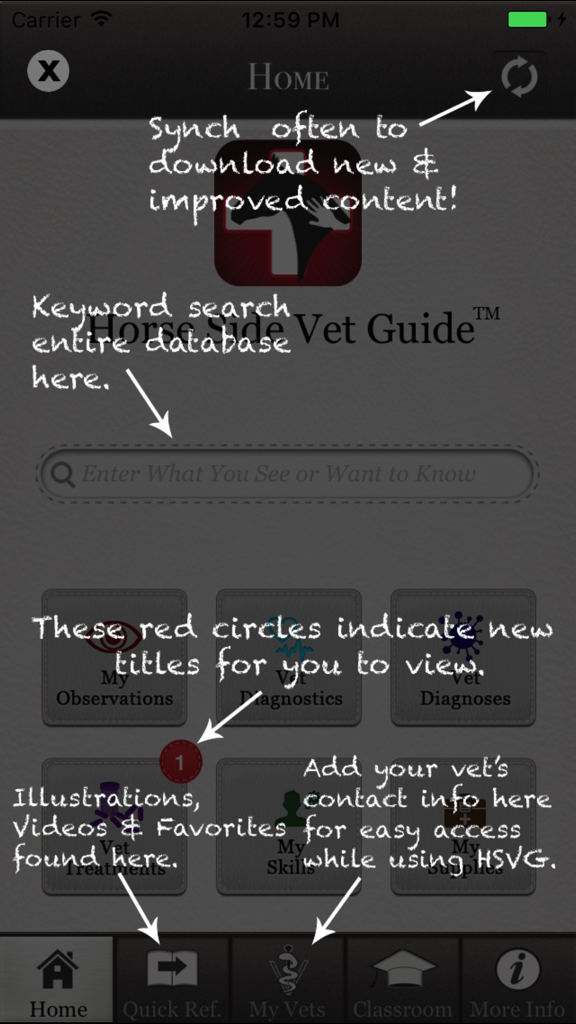 Horse Side Vet Guide - 検索バーとハウツー注釈が表示された馬の健康カテゴリが表示されたHorse Side Vet Guideアプリのホーム画面