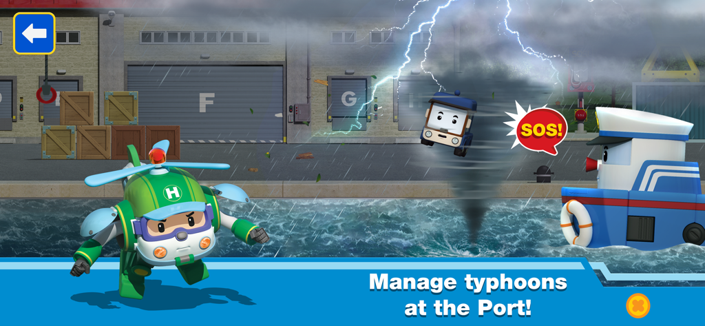 Helly der Hubschrauber rettet ein Auto aus einem Tornado am Hafen in Robocar Poli Super Rettung.