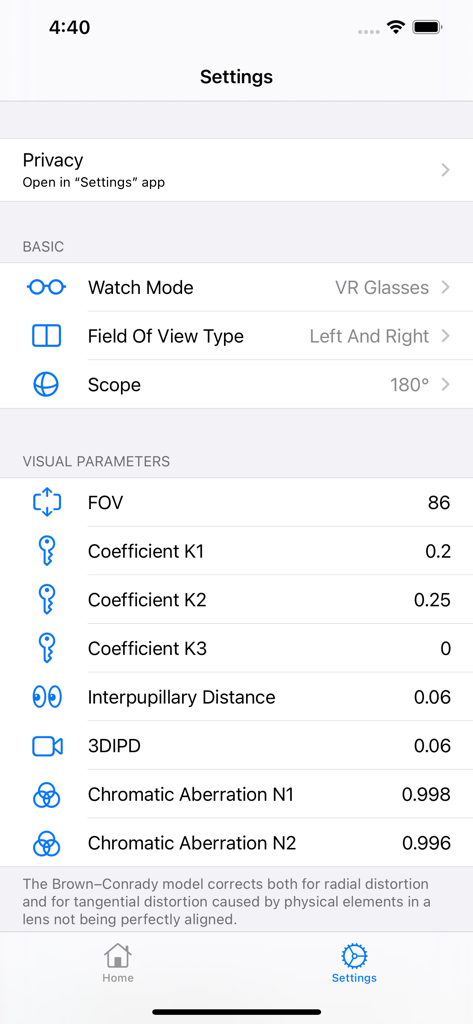 VR Player : 3D VR 360 VR Video - Detailed visual parameter settings menu within the VR Player app for field of view and interpupillary distance adjustment.