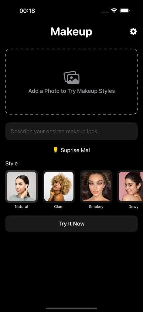 Oberfläche der Make-up KI Anprobe App mit Optionen zum Hochladen eines Fotos und zur Auswahl von Make-up-Stilen wie Natural Glam Smokey und Dewy