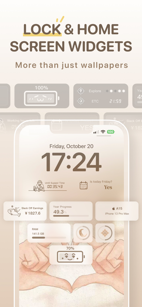 Beige aesthetic iPhone home and lock screen widgets showing battery status system info and custom counters