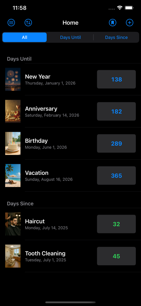 Pantalla de inicio de la aplicación Temporizador de Cuenta Atrás y Cuenta Adelante que muestra una lista de eventos rastreados como Año Nuevo y aniversarios