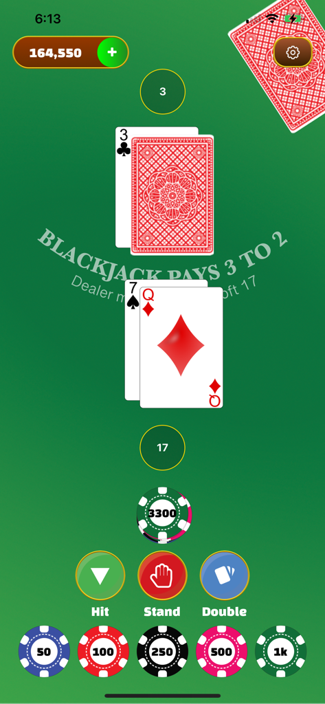 BlackJack: 21 Casino Table - ブラックジャック21カジノテーブルのゲームプレイ画面。プレイヤーの手札17とディーラーのカード、ヒット、スタンド、ダブルのオプションが表示されています。