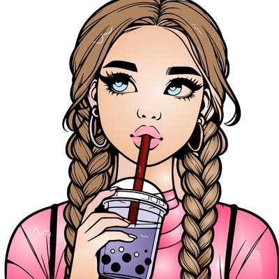 realistic girl with braided hair drinking boba