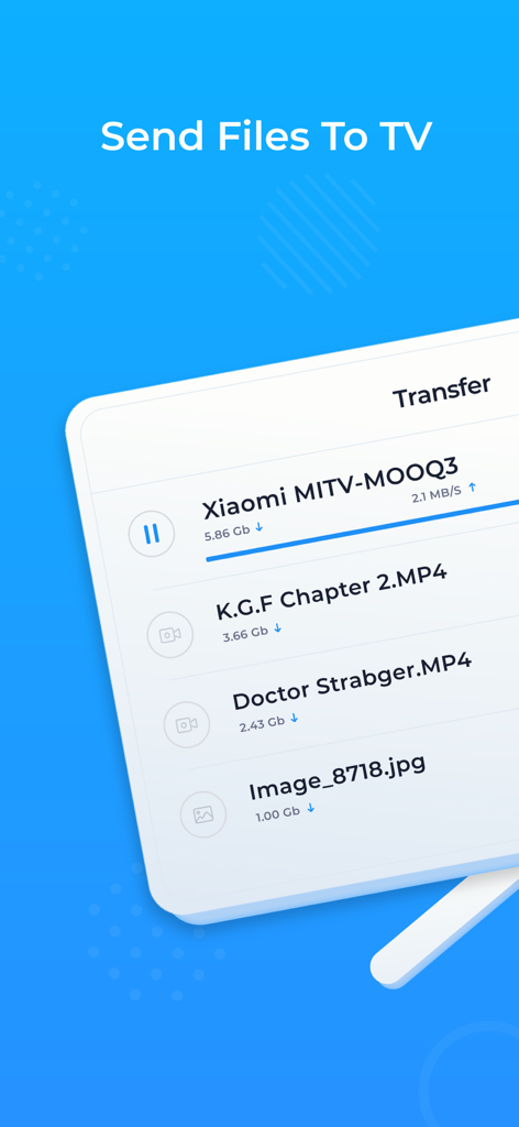 Send files to Android TV - Mobile app interface showing the progress of transferring video and image files to an Android TV