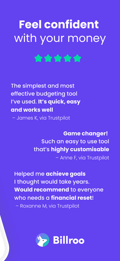 Billroo: Budget & Finance - Five star user reviews for the Billroo budgeting and finance app.