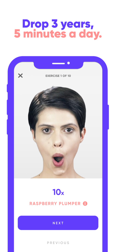 Face Exercises - Face yoga exercise tutorial showing the Raspberry Plumper movement in the Face Exercises app