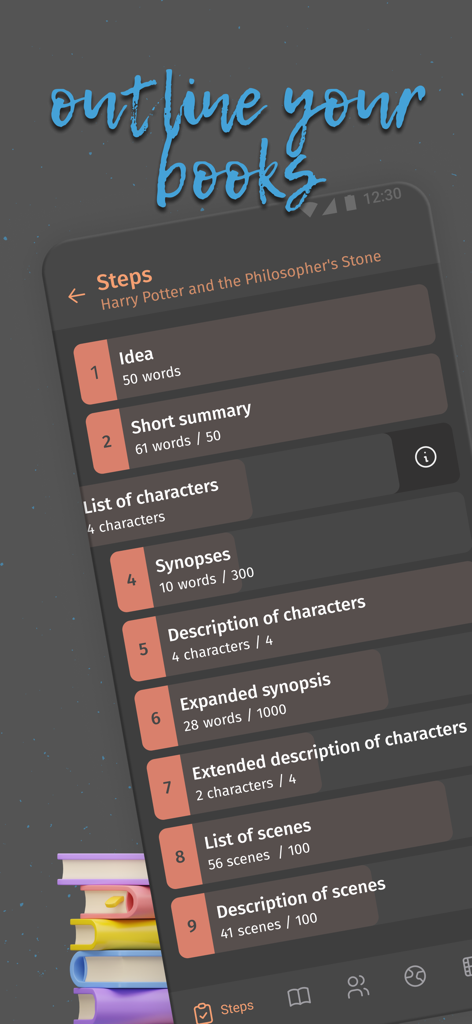 Fabula. Story Planner - A numbered list of steps for outlining a novel in the Fabula app interface.