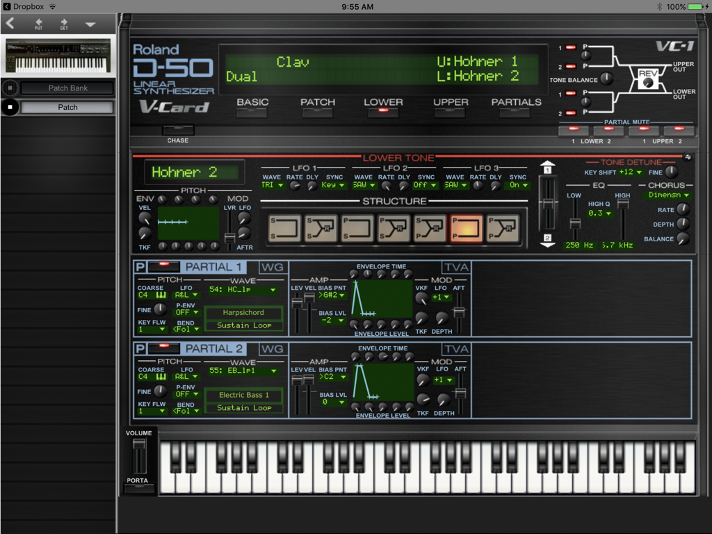Interfaz de editor MIDI profesional para un sintetizador Roland D-50 en un iPad dentro de la aplicación MidiQuestEssentials.