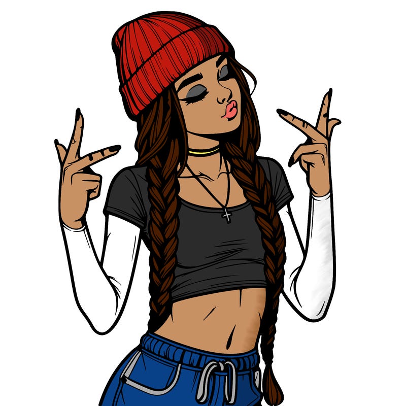 realistic teenage girl with braids and a beanie and crop top doing 🫶🏼