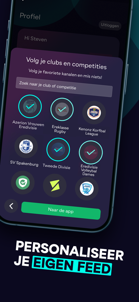 Mobile screen of the Eyecons app showing a list of Dutch sports clubs and leagues to follow for a personalized content feed