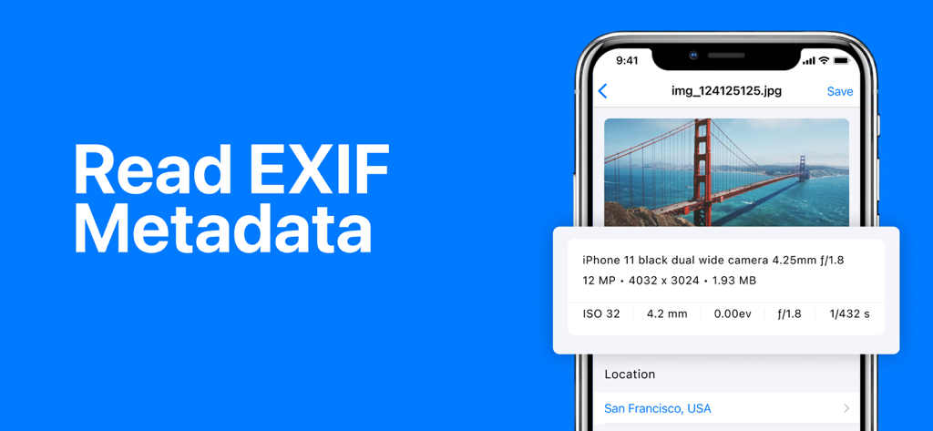 EXIF MetadataーMetadata Remover - Smartphone screen displaying EXIF metadata and camera settings for a photo