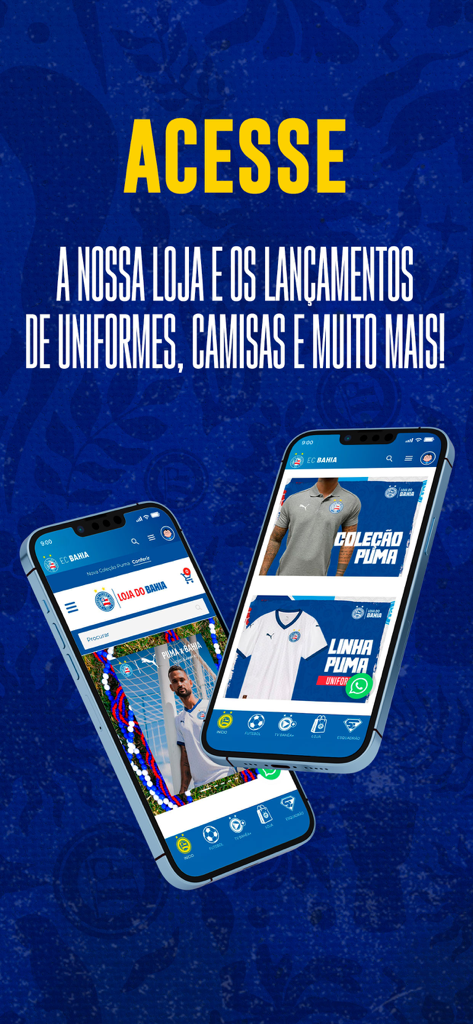 EC Bahia - Pantalla de la tienda de la aplicación oficial EC Bahia mostrando uniformes y merchandising del equipo en dos teléfonos inteligentes