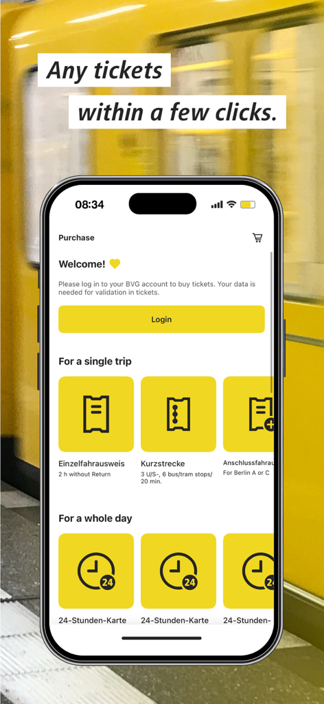 BVG Tickets: Train, Bus & Tram - BVG 티켓 앱 인터페이스가 스마트폰에 표시되며 베를린 대중교통 티켓 옵션을 보여주고 배경에 노란색 기차가 있습니다.