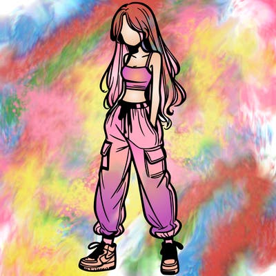 girl in baggy pants crop top and long hair