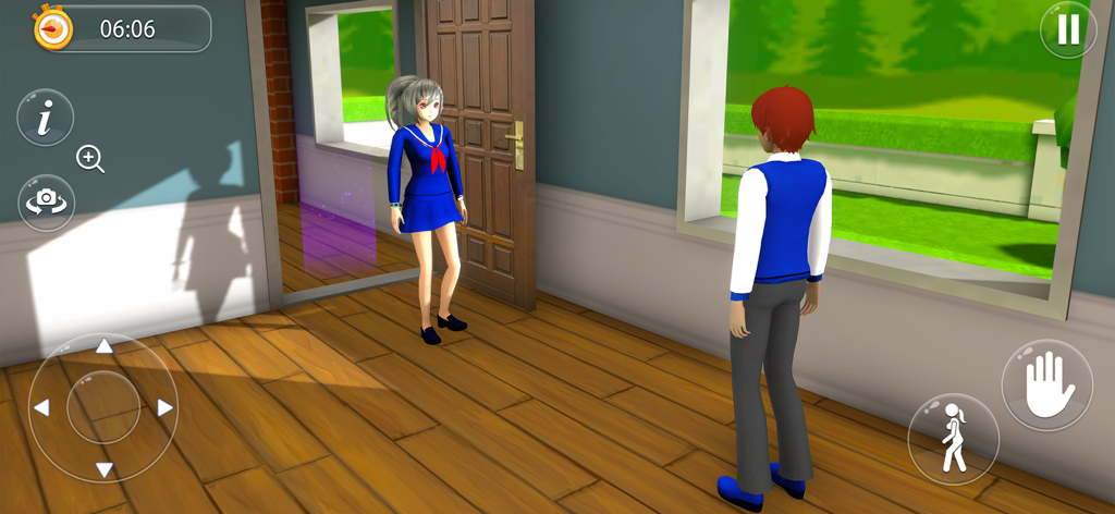 3D 애니메이션 소녀가 교복을 입고 가상 방에서 빨간 머리 소년과 이야기하는 모습