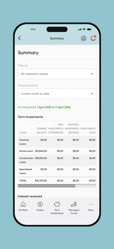 Squirrel Saving and Investing app summary dashboard showing term investment classes and financial balances