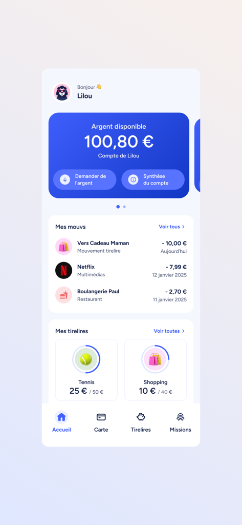 Tableau de bord de l'application Mouv by LCL montrant le solde du compte et les objectifs de tirelire numérique pour les ados