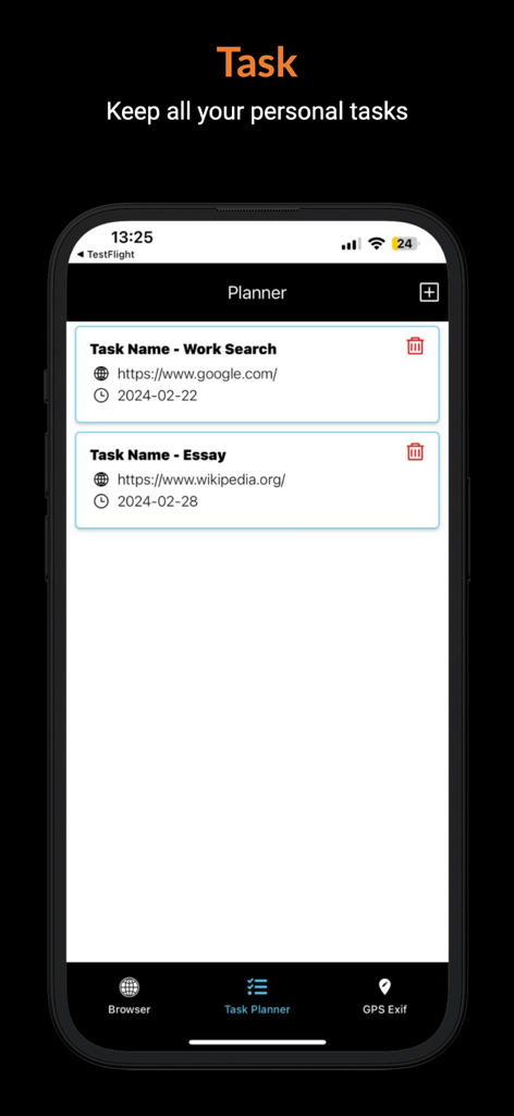 Oberfläche des Aufgabenplaners mit aufgelisteten Arbeits- und Schulaufgaben mit Website-Links