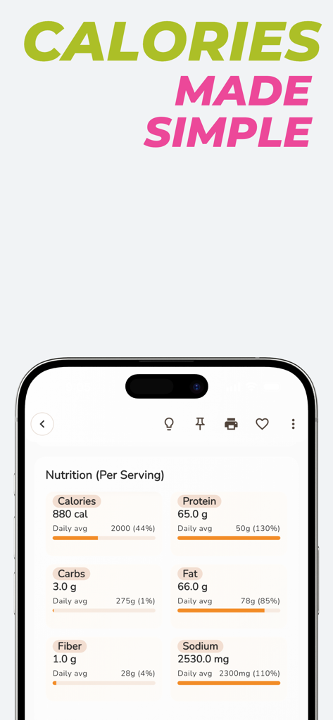 Chefy Meal Planner & Recipes - A mobile screen showing the nutritional information per serving including calories, protein, carbs, and fat with daily average comparisons in the Chefy app.