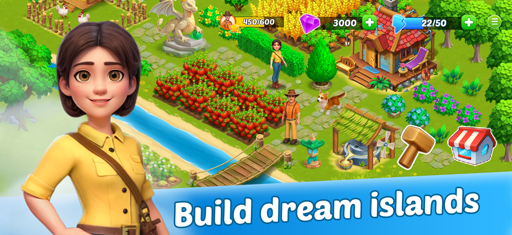 Emma de pie frente a una granja tropical próspera con cultivos y una estatua de dragón