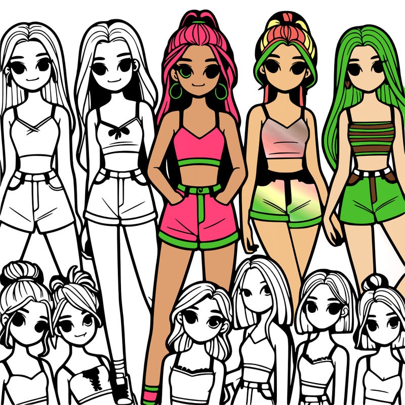 a group of girls wearing crop tops and shorts