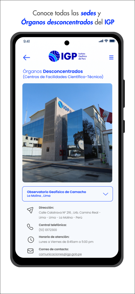 #IGP - Schermata dell'app mobile IGP che mostra le sedi degli uffici e i dettagli di contatto per l'Osservatorio Geofisico di Camacho
