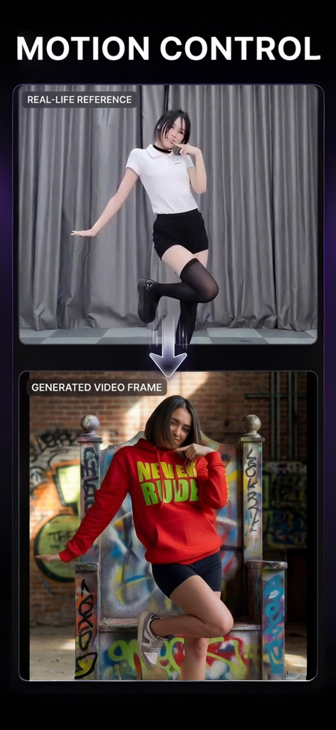 AI video generator motion control feature showing a real-life reference pose transferred to a generated video frame