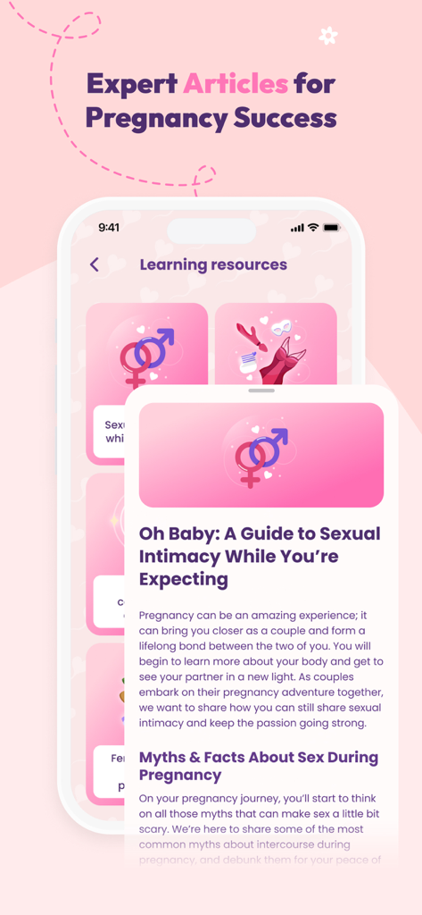 Una pantalla de smartphone con artículos educativos sobre intimidad sexual y mitos del embarazo dentro de la app Ovulio Baby.