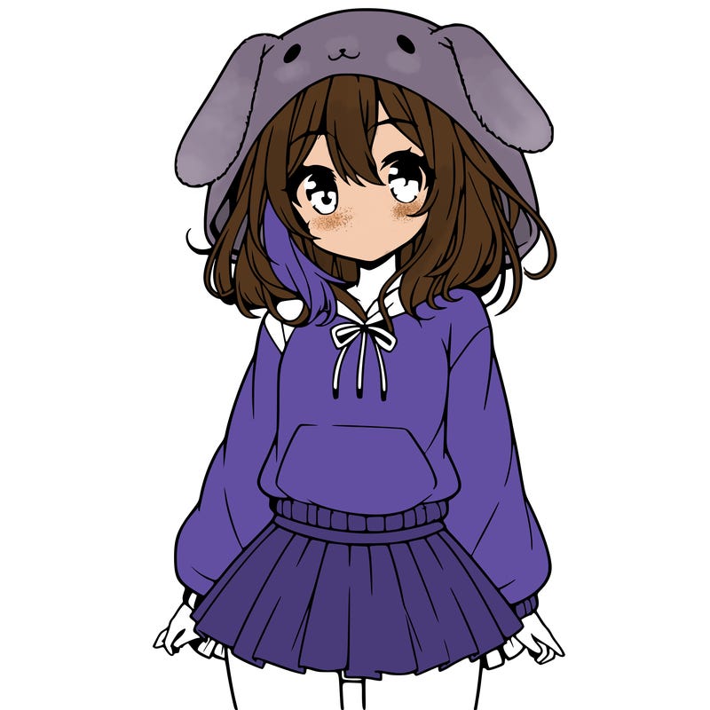 pretty anime girl wearing a fluffy hoodie with bunny ears on the hood and a skirt