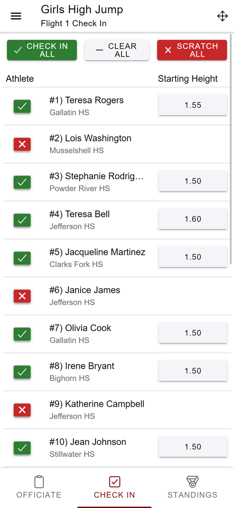 Athlete check-in interface for track and field high jump event