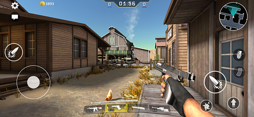 First-person shooter gameplay in GO Strike featuring a Wild West themed map and a pistol.