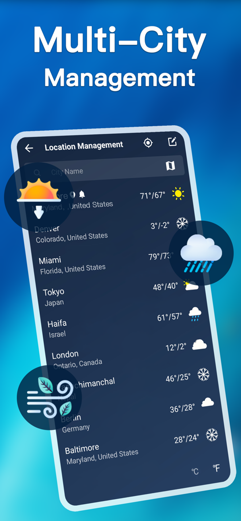 Weather - Accurate Weather App - 場所管理リストで複数の国際都市の天気予報を表示する画面