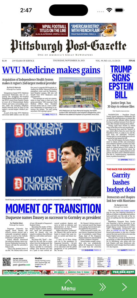 PGe - Traditional newspaper layout of the Pittsburgh Post-Gazette e-edition app