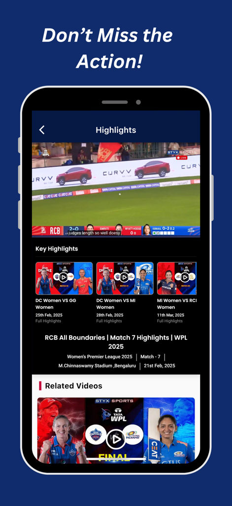 Styxsports - Styxsports mobile app screen showing cricket match highlights and key video moments